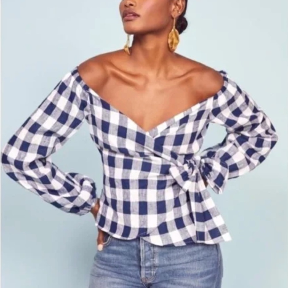 REFORMATION Hart Linen Wrap Top in Gingham (SOLD OUT)